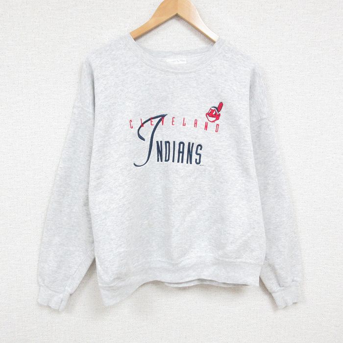 XL★古着 ヘインズ Hanes 長袖 スウェット メンズ 00年代 00s MLB クリーブランドインディアンズ 刺繍 大きいサイズ クルーネック 薄グレー 霜降り メジャーリーグ ベースボール 野球 24dec07 中古 スエット トレーナー トップス
