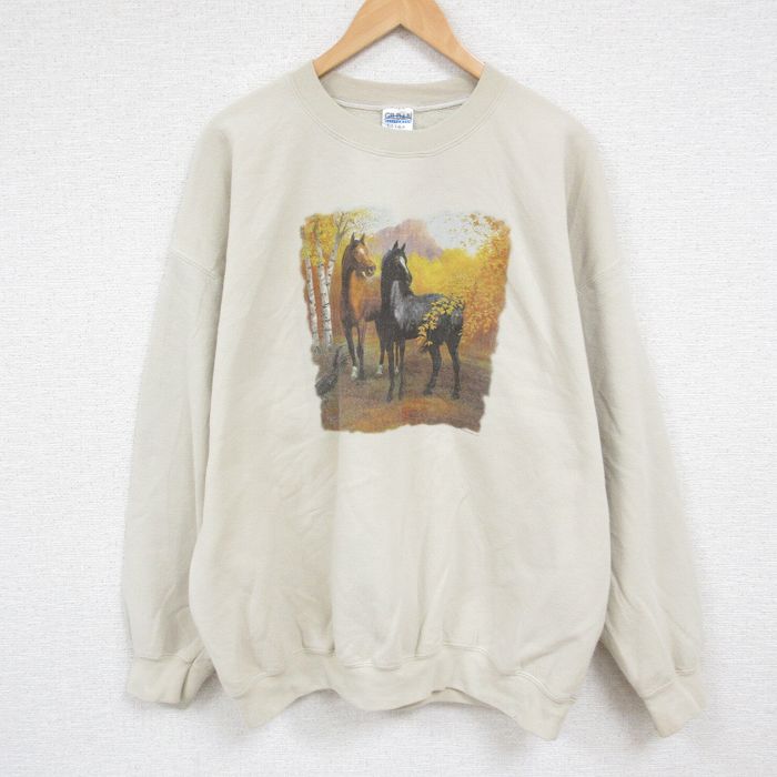 XL★古着 長袖 スウェット メンズ 00年代 00s 馬 大きいサイズ クルーネック ベージュ カーキ 24dec11 中古 スエット トレーナー トップス