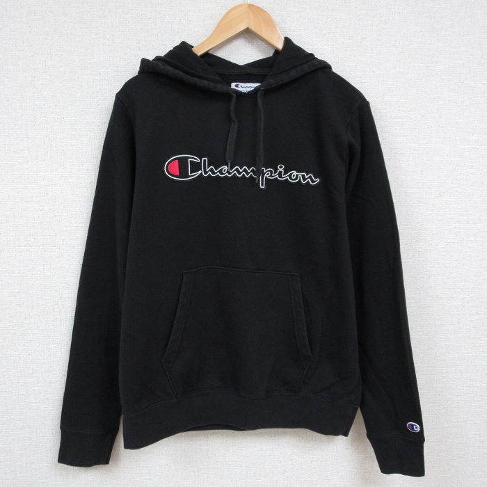 L★古着 チャンピオン Champion 長袖 スウェット パーカー メンズ ビッグロゴ 黒 ブラック 24dec11 中古 スエット トレーナー トップス