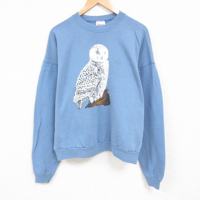 XL★古着 ヘインズ Hanes 長袖 スウェット メンズ 00年代 00s フクロウ 大きいサイズ クルーネック 薄紺 ネイビー 24dec11 中古 スエット トレーナー トップス