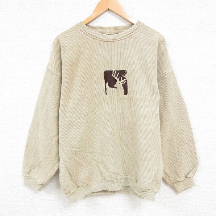 XL★古着 長袖 スウェット メンズ 90年代 90s シカ 刺繍 大きいサイズ コットン クルーネック USA製 ベージュ カーキ 24dec11 中古 スエット トレーナー トップス