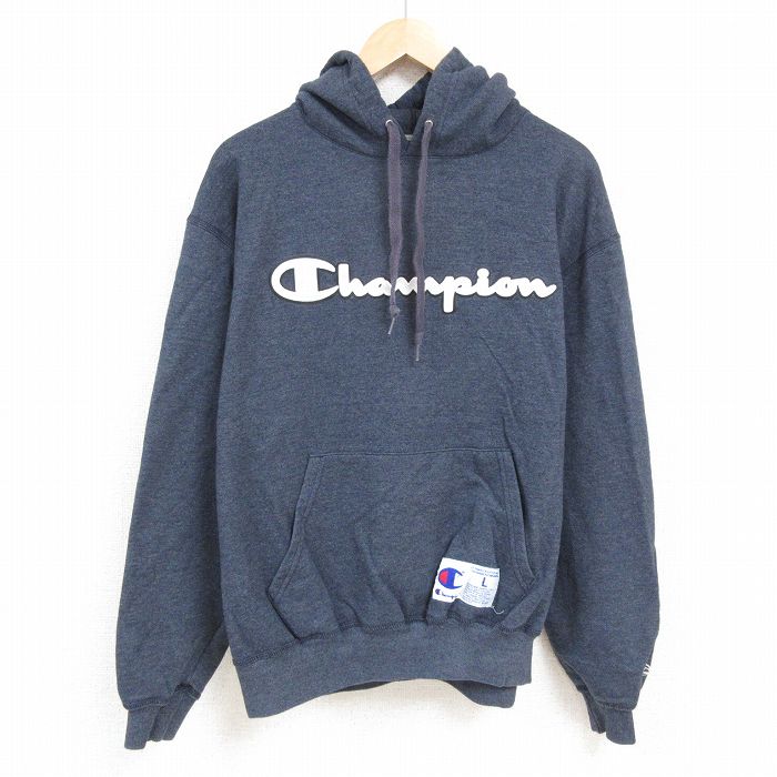 XL★古着 チャンピオン Champion 長袖 スウェット パーカー メンズ ビッグロゴ 大きいサイズ 濃グレー 霜降り 24dec11 中古 スエット トレーナー トップス