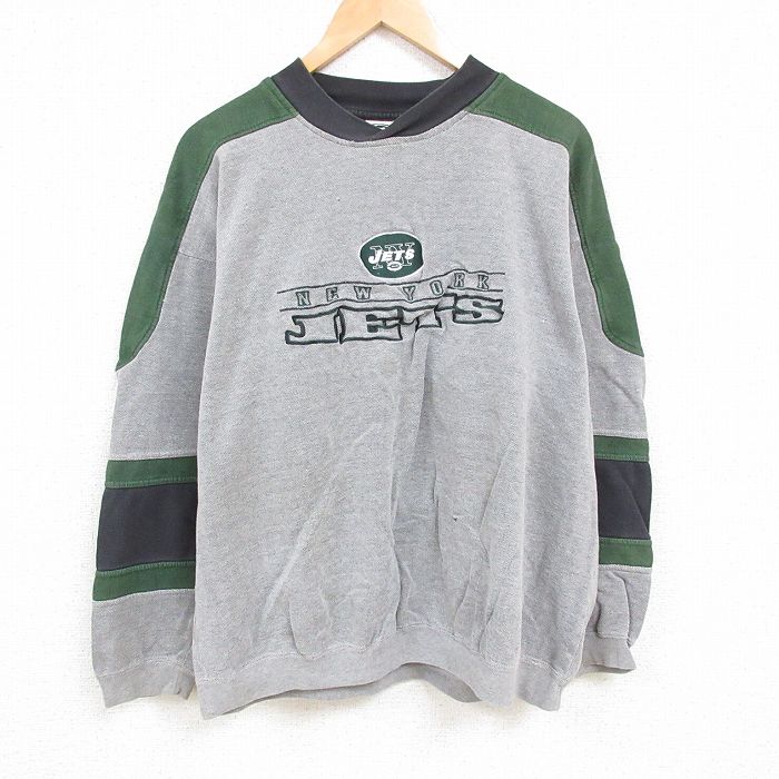 XL★古着 長袖 スウェット メンズ 90年代 90s NFL ニューヨークジェッツ 刺繍 マルチカラー 大きいサイズ ラグラン クルーネック グレー他 アメフト スーパーボウル 24dec11 中古 スエット トレーナー トップス