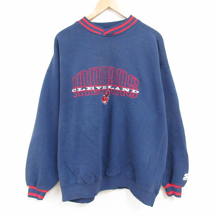 XL★古着 スターター STARTER 長袖 スウェット メンズ 00年代 00s MLB クリーブランドインディアンズ 刺繍 大きいサイズ クルーネック 紺 ネイビー メジャーリーグ ベースボール 野球 【spe】 24dec11 中古 スエット トレーナー トップス
