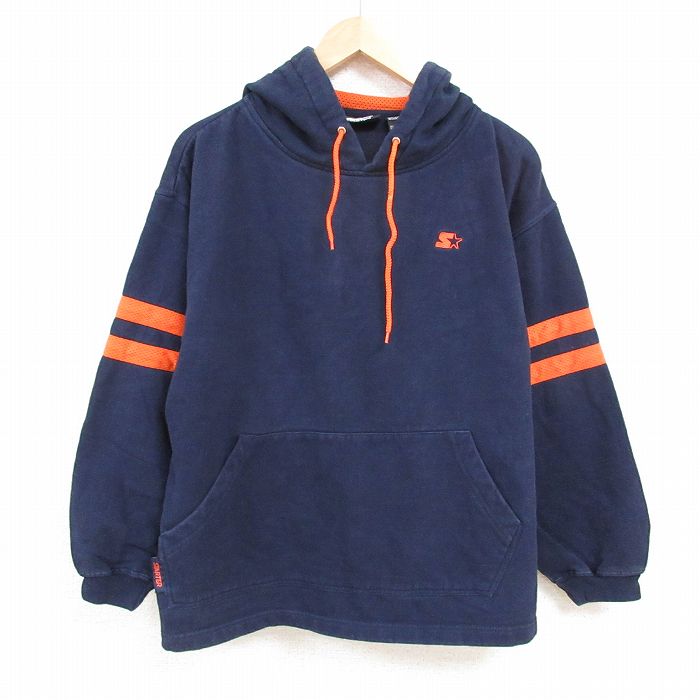 XL★古着 スターター STARTER 長袖 スウェット パーカー メンズ 00年代 00s ワンポイントロゴ 大きいサイズ 紺 ネイビー フード内側メッシュ 24dec11 中古 スエット トレーナー トップス