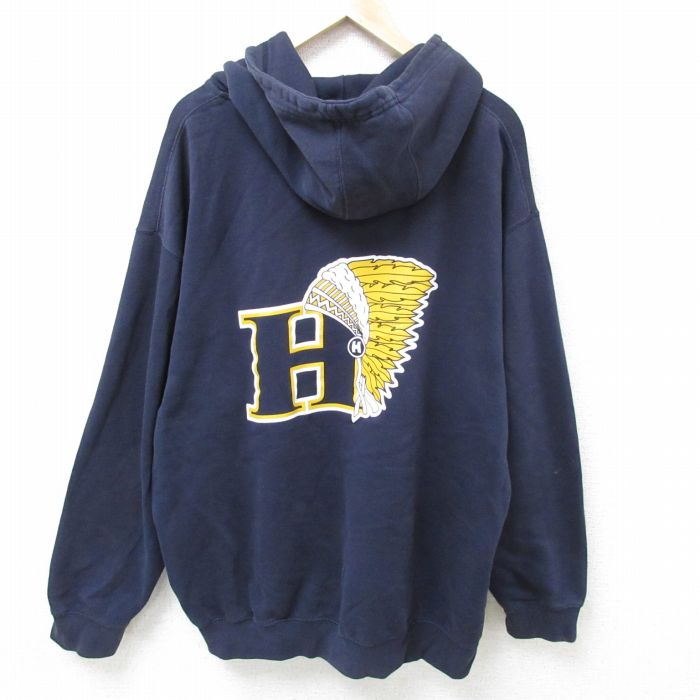 XL★古着 長袖 スウェット パーカー メンズ インディアン 大きいサイズ 紺 ネイビー 24dec11 中古 スエット トレーナー トップス