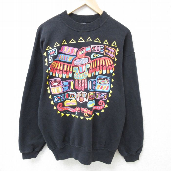 L★古着 長袖 スウェット メンズ 90年代 90s 鳥 クルーネック 黒 ブラック 24dec11 中古 スエット トレーナー トップス