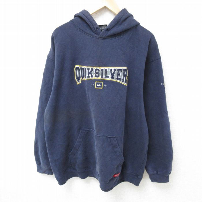 XL★古着 クイックシルバー QUIKSILVER 長袖 スウェット パーカー メンズ ビッグロゴ 刺繍 大きいサイズ 紺 ネイビー 24dec11 中古 スエット トレーナー トップス