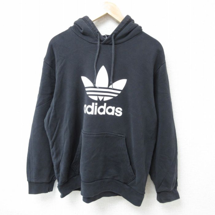 XL★古着 アディダス adidas 長袖 スウェット パーカー メンズ ビッグロゴ リーフ トレフォイル コットン 黒 ブラック 24dec11 中古 スエット トレーナー トップス