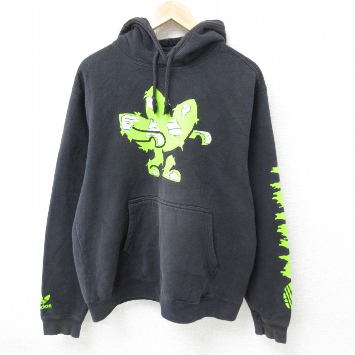 L★古着 アディダス adidas 長袖 スウェット パーカー メンズ 黒 ブラック 24dec11 中古 スエット トレーナー トップス