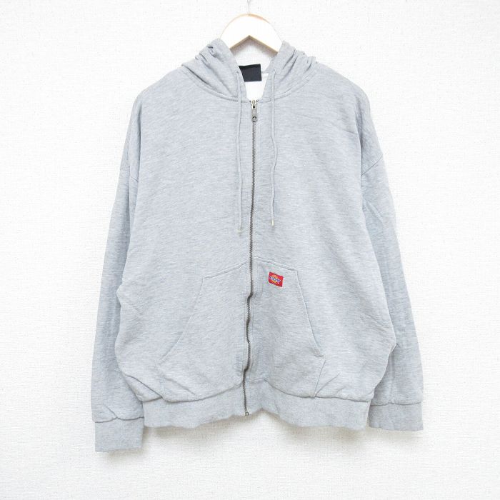 XL★古着 ディッキーズ Dickies 長袖 フルジップ スウェット パーカー メンズ ワンポイントロゴ 大きいサイズ グレー 霜降り 内側サーマル 24dec12 中古 スエット トレーナー トップス
