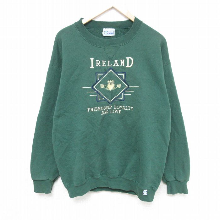 L★古着 ディスカス 長袖 スウェット メンズ 90年代 90s アイルランド 刺繍 クルーネック 緑 グリーン 24dec12 中古 スエット トレーナー トップス