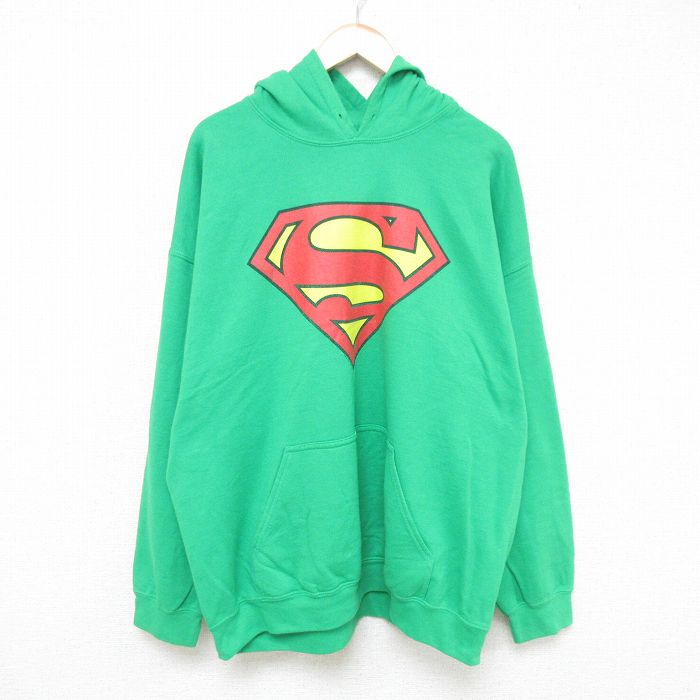 XL★古着 長袖 スウェット パーカー メンズ 00年代 00s DCコミックス スーパーマン 大きいサイズ 緑 グリーン 24dec12 中古 スエット トレーナー トップス