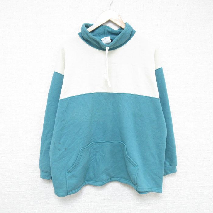 XL★古着 長袖 スウェット メンズ 90年代 90s 無地 ツートンカラー 大きいサイズ モックネック ハイネック USA製 緑他 グリーン 24dec12 中古 スエット トレーナー トップス