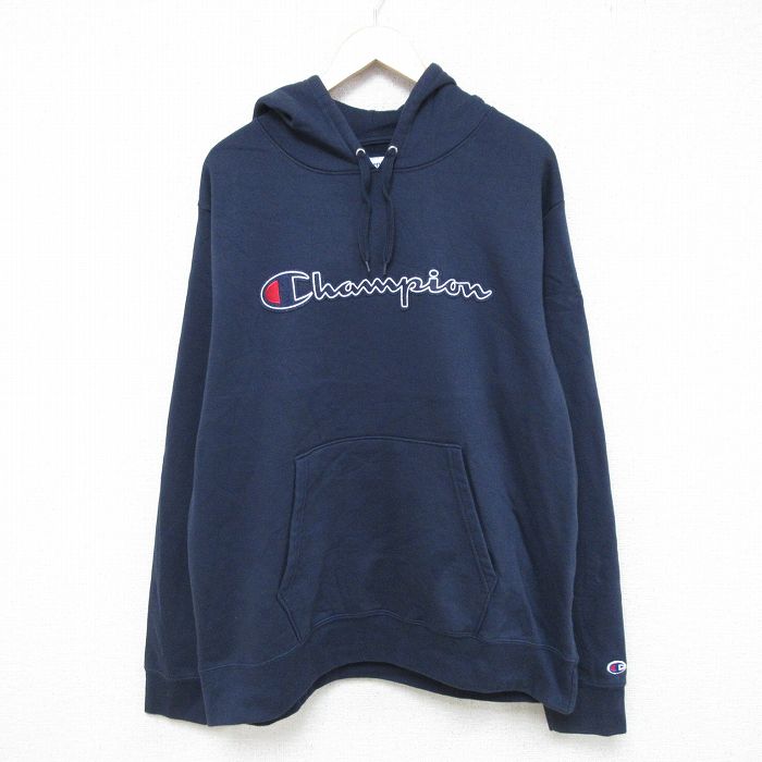 XL★古着 チャンピオン Champion 長袖 スウェット パーカー メンズ ビッグロゴ 大きいサイズ 紺 ネイビー 24dec12 中古 スエット トレーナー トップス
