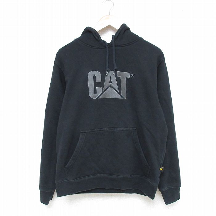 L★古着 長袖 スウェット パーカー メンズ CAT 刺繍 黒 ブラック 24dec12 中古 スエット トレーナー トップス