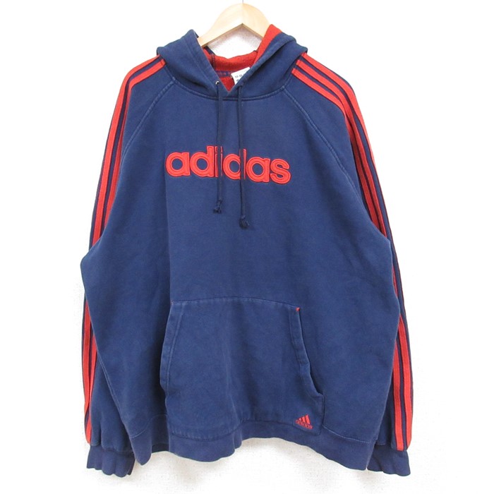 XL★古着 アディダス adidas 長袖 スウェット パーカー メンズ 00年代 00s ビッグロゴ 大きいサイズ ラグラン 紺 ネイビー 3本ライン 24dec12 中古 スエット トレーナー トップス