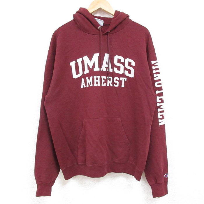 L★古着 チャンピオン Champion 長袖 スウェット パーカー メンズ UMASS エンジ 24dec12 中古 スエット トレーナー トップス