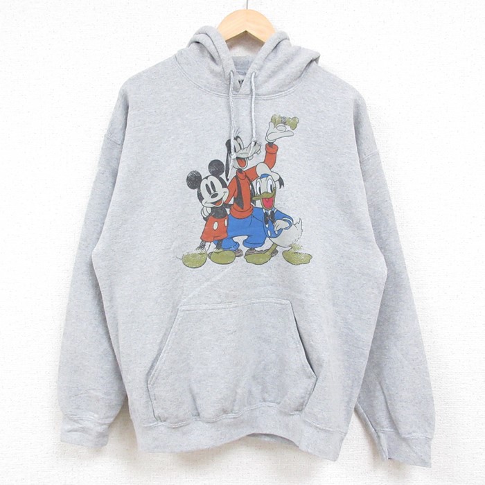 L★古着 長袖 スウェット パーカー メンズ ディズニー DISNEY ミッキー MICKEY MOUSE グレー 霜降り 24dec12 中古 スエット トレーナー トップス