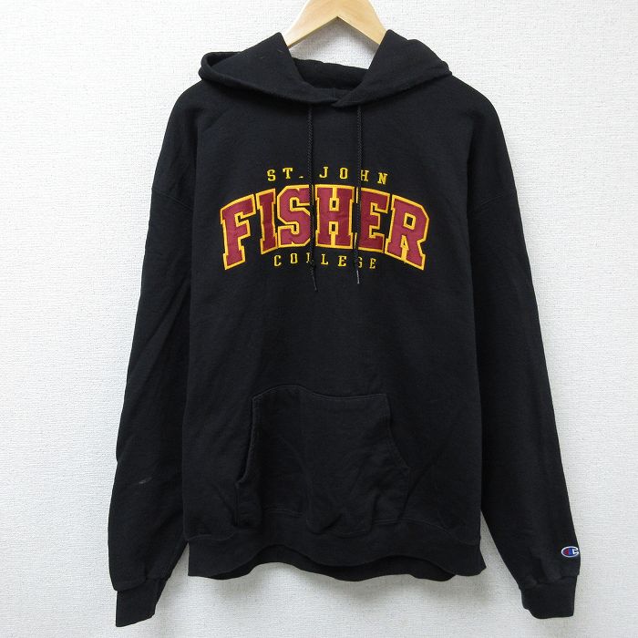 XL★古着 チャンピオン Champion 長袖 スウェット パーカー メンズ セントジョンフィッシャー カレッジ 刺繍 大きいサイズ 黒 ブラック 24dec13 中古 スエット トレーナー トップス