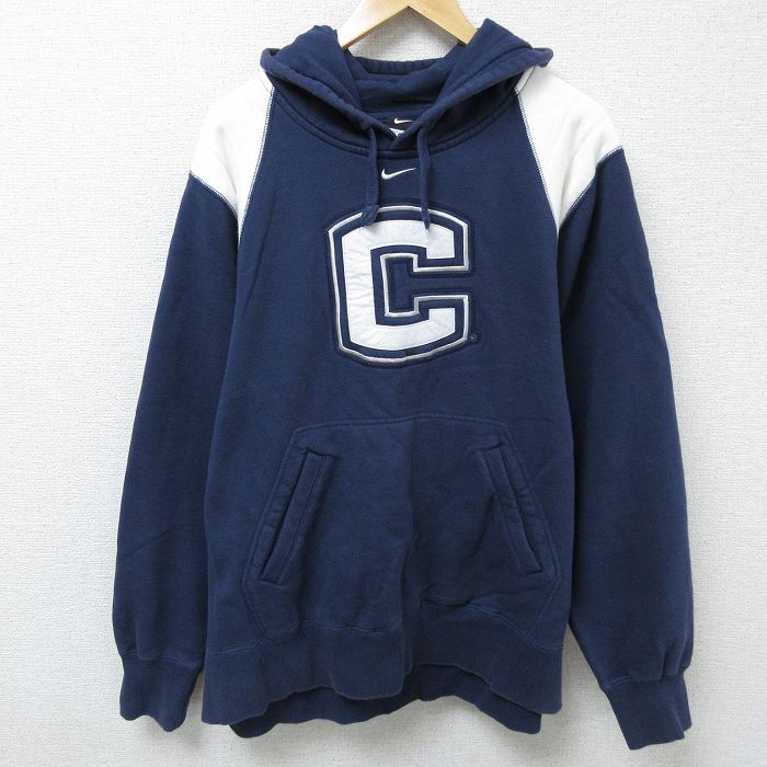 XL★古着 ナイキ NIKE 長袖 スウェット パーカー メンズ UCONN ツートンカラー 刺繍 大きいサイズ 紺他 ネイビー 24dec13 中古 スエット トレーナー トップス