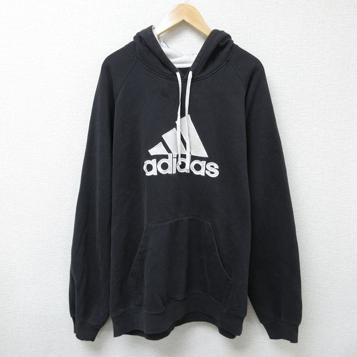 XL★古着 アディダス adidas 長袖 スウェット パーカー メンズ ビッグロゴ 刺繍 大きいサイズ ラグラン クルーネック 黒 ブラック 24dec13 中古 スエット トレーナー トップス
