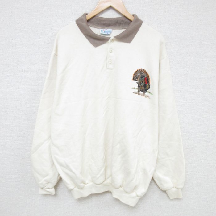 【50%OFF】XL★古着 長袖 スウェット メンズ 90年代 90s 鳥 大きいサイズ 襟付き USA製 生成り 24dec18 中古 スエット トレーナー トップス