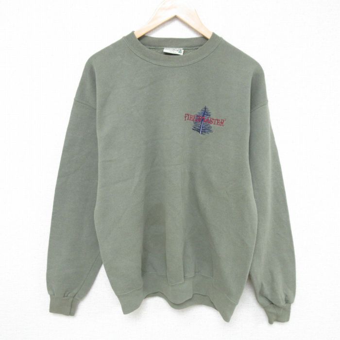 【50%OFF】L★古着 長袖 スウェット メンズ 90年代 90s 木 クルーネック USA製 濃緑 グリーン 24dec18 中古 スエット トレーナー トップス
