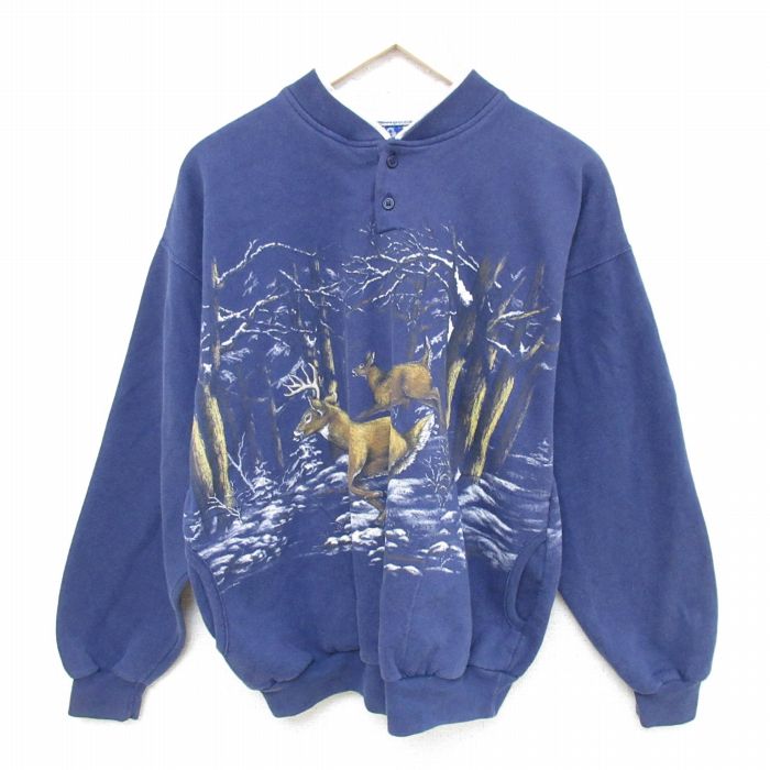 【50%OFF】L★古着 長袖 スウェット メンズ 90年代 90s シカ ヘンリーネック USA製 紺 ネイビー 24dec18 中古 スエット トレーナー トップス