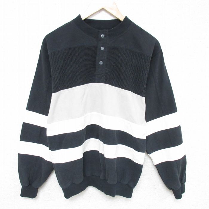【20%OFF】M★古着 長袖 トップス メンズ 90年代 90s クルーネック 黒他 ブラック ボーダー 24dec18 中古 スエット トレーナー