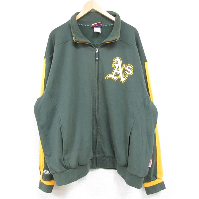 XL★古着 マジェスティック 長袖 フルジップ スウェット メンズ 00年代 00s MLB オークランドアスレチックス ツートンカラー 大きいサイズ 緑他 グリーン メジャーリーグ ベースボール 野球 24dec13 中古 スエット トレーナー トップス