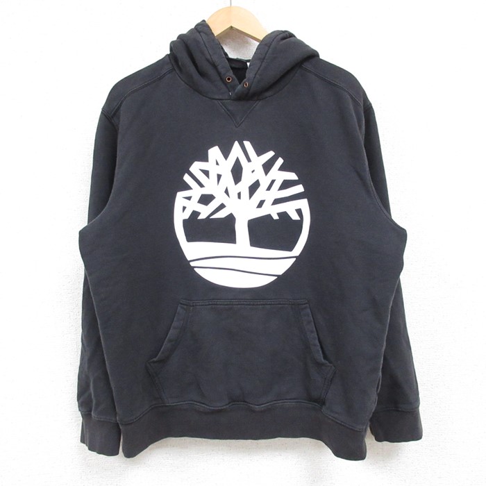 L★古着 ティンバーランド Timberland 長袖 スウェット パーカー メンズ ビッグロゴ 黒 ブラック 24dec13 中古 スエット トレーナー トップス