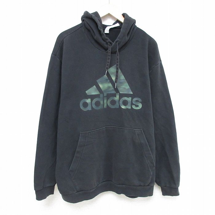 XL★古着 アディダス adidas 長袖 スウェット パーカー メンズ ビッグロゴ 大きいサイズ 黒 ブラック 24dec12 中古 スエット トレーナー トップス