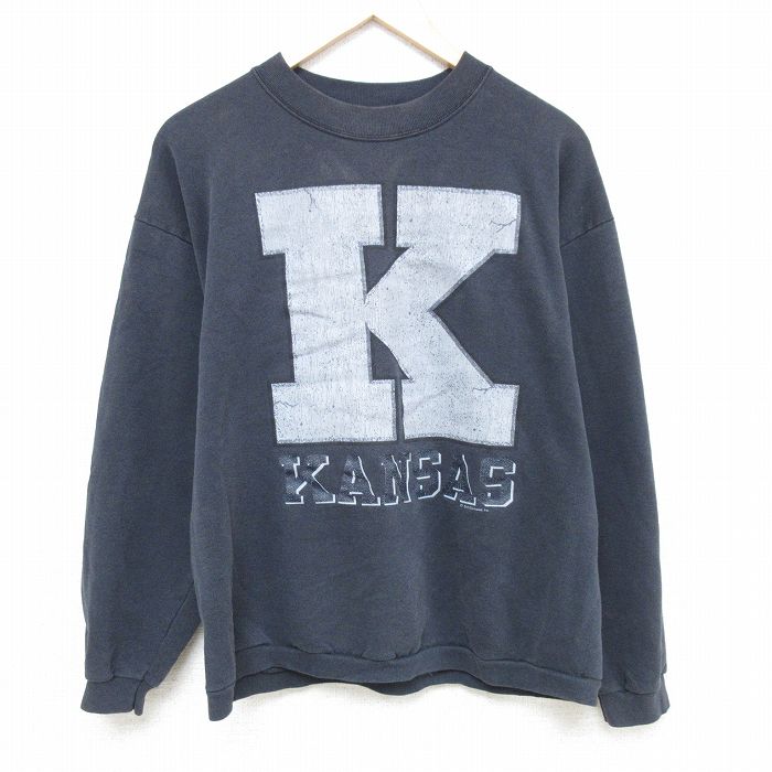 L★古着 長袖 スウェット メンズ 90年代 90s カンザス クルーネック 濃グレー 24dec12 中古 スエット トレーナー トップス
