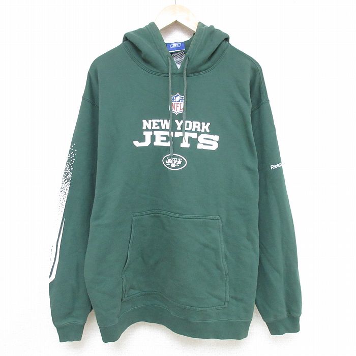 XL★古着 リーボック REEBOK 長袖 スウェット パーカー メンズ NFL ニューヨークジェッツ 大きいサイズ 緑 グリーン アメフト スーパーボウル 24dec12 中古 スエット トレーナー トップス