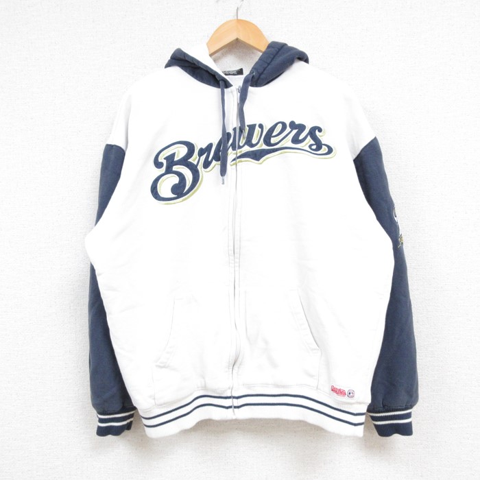XL★古着 長袖 フルジップ スウェット パーカー メンズ MLB ミルウォーキーブルワーズ ツートンカラー 白他 ホワイト メジャーリーグ ベースボール 野球 24dec14 中古 スエット トレーナー トップス