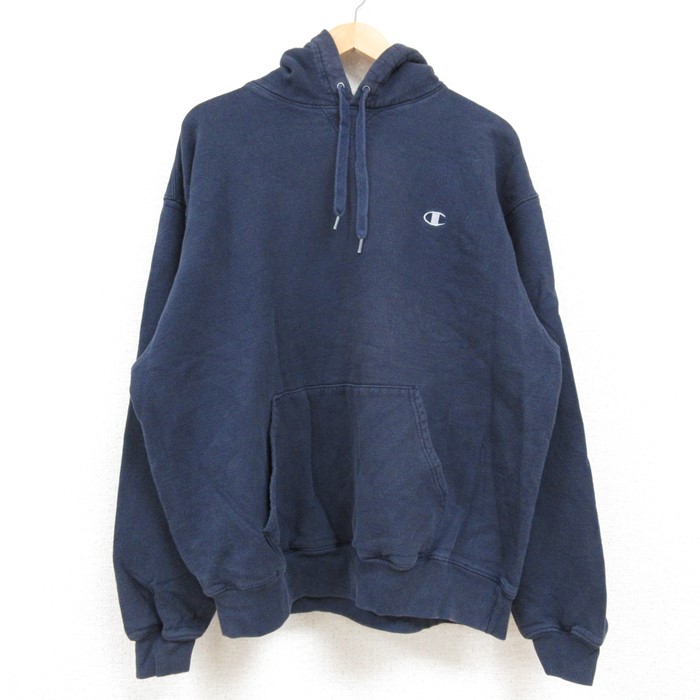 XL★古着 チャンピオン Champion 長袖 スウェット パーカー メンズ ワンポイントロゴ 紺 ネイビー 24dec14 中古 スエット トレーナー トップス