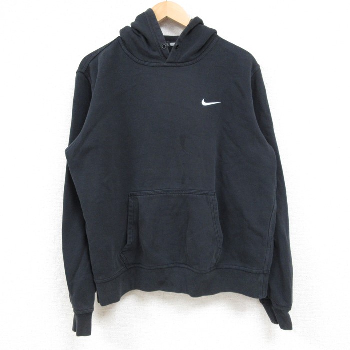 L★古着 ナイキ NIKE 長袖 スウェット パーカー メンズ ワンポイントロゴ 黒 ブラック 24dec14 中古 スエット トレーナー トップス