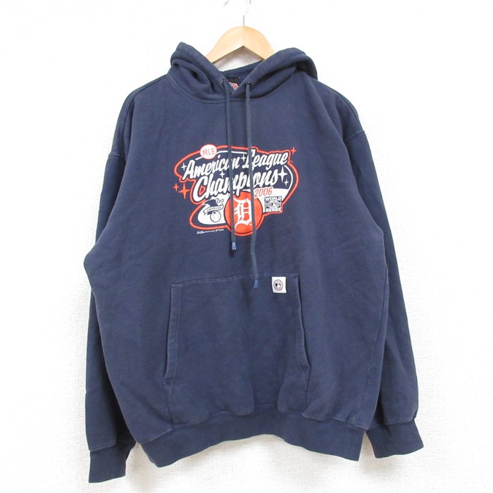 L★古着 長袖 スウェット パーカー メンズ 00年代 00s MLB デトロイトタイガース アメリカンリーグ 紺 ネイビー メジャーリーグ ベースボール 野球 24dec14 中古 スエット トレーナー トップス