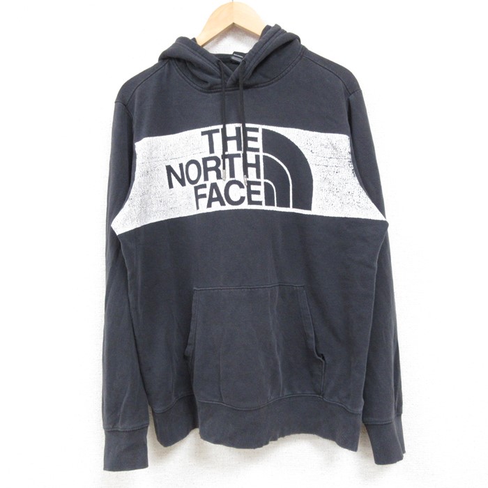 L★古着 ノースフェイス THE NORTH FACE 長袖 スウェット パーカー メンズ ビッグロゴ 黒 ブラック 24dec14 中古 スエット トレーナー トップス