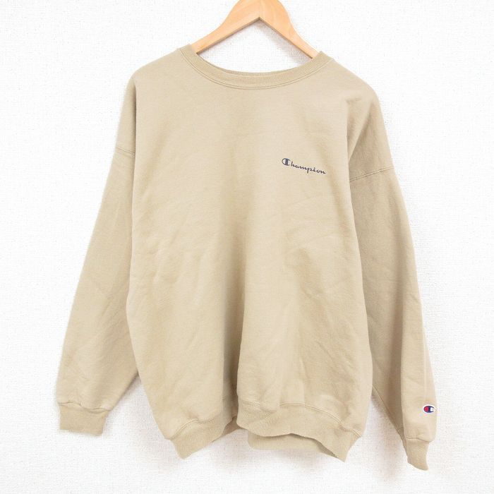 XL★古着 チャンピオン Champion 長袖 スウェット メンズ 00年代 00s ワンポイントロゴ 大きいサイズ クルーネック ベージュ カーキ 24dec14 中古 スエット トレーナー トップス