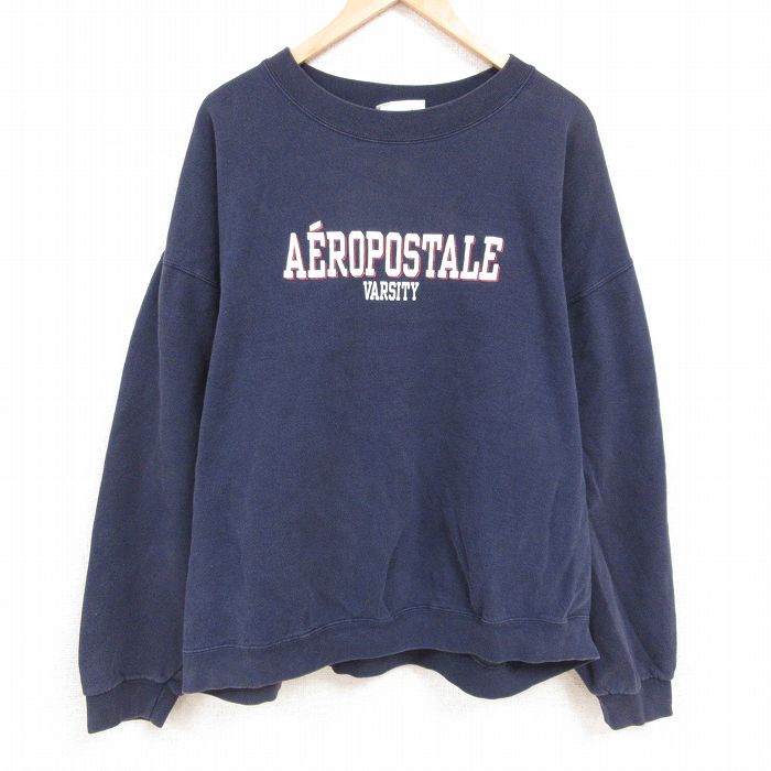 XL★古着 長袖 スウェット メンズ 90年代 90s エアロポステール AEROPOSTALE 大きいサイズ クルーネック USA製 紺 ネイビー 【spe】 24dec14 中古 スエット トレーナー トップス
