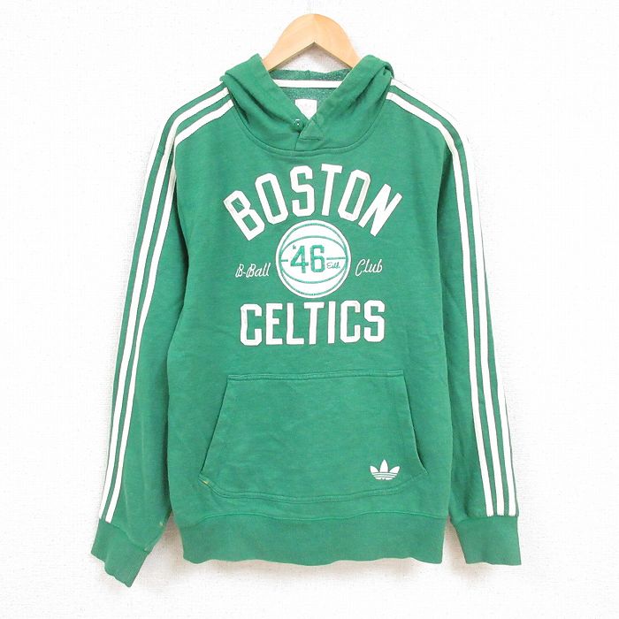 XL★古着 アディダス adidas 長袖 スウェット パーカー メンズ NBA ボストンセルティックス 刺繍 緑 グリーン 霜降り バスケットボール 24dec14 中古 スエット トレーナー トップス