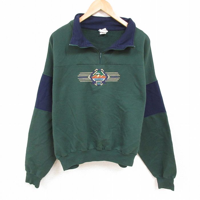 XL★古着 長袖 ハーフジップ スウェット メンズ 90年代 90s 刺繍 ツートンカラー 大きいサイズ カナダ製 濃緑他 グリーン 24dec14 中古 スエット トレーナー トップス
