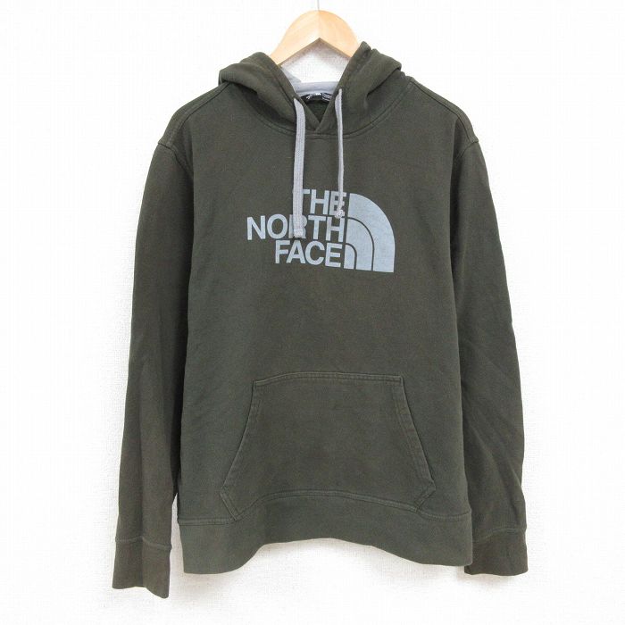 XL★古着 ノースフェイス THE NORTH FACE 長袖 スウェット パーカー メンズ ビッグロゴ 大きいサイズ 緑 グリーン 24dec16 中古 スエット トレーナー トップス