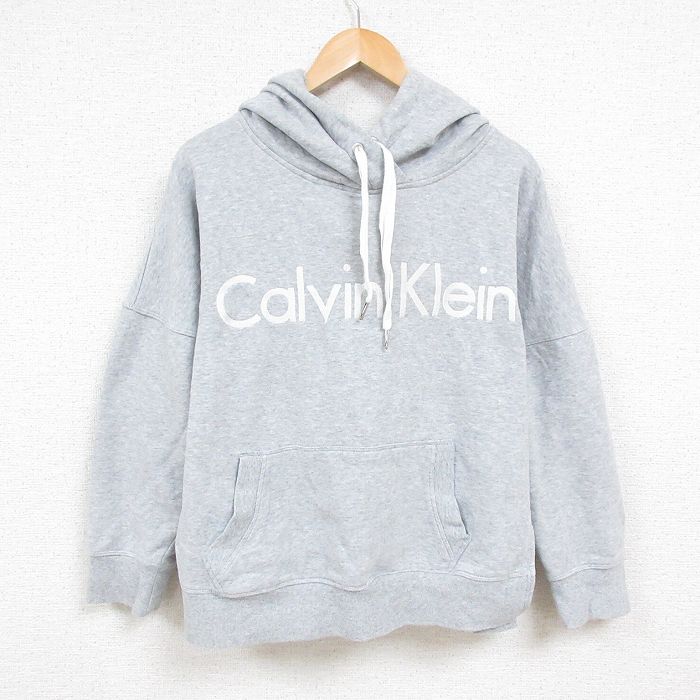 XL★古着 カルバンクライン Calvin Klein 長袖 スウェット パーカー メンズ ビッグロゴ 刺繍 大きいサイズ 薄グレー 霜降り 24dec16 中古 スエット トレーナー トップス