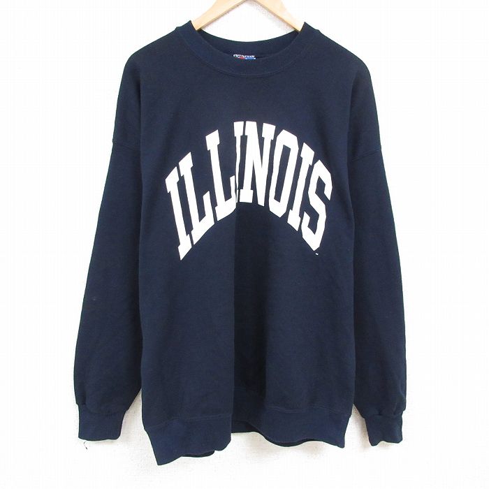 XL★古着 長袖 スウェット メンズ 00年代 00s イリノイ 大きいサイズ クルーネック 紺 ネイビー 24dec16 中古 スエット トレーナー トップス
