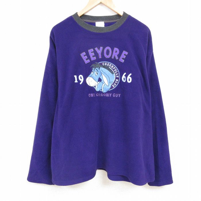 XL★古着 長袖 フリース トップス メンズ ディズニー DISNEY くまのプーさん イーヨー 刺繍 大きいサイズ クルーネック 紫 パープル 【spe】 24dec16 中古 スエット トレーナー