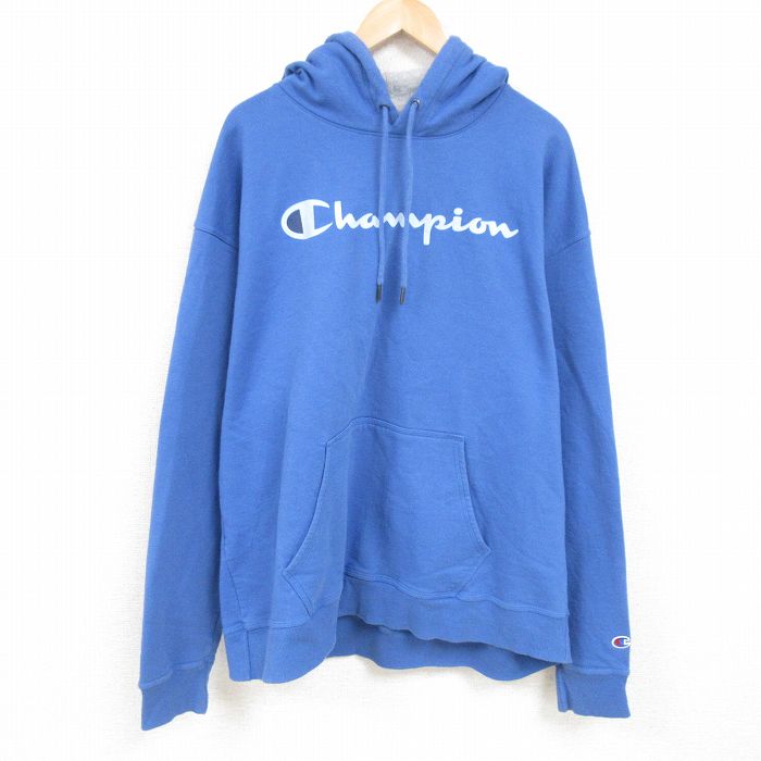 XL★古着 チャンピオン Champion 長袖 スウェット パーカー メンズ ビッグロゴ 大きいサイズ 薄紺 ネイビー 24dec16 中古 スエット トレーナー トップス
