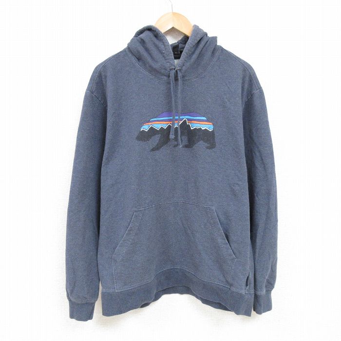 XL★古着 パタゴニア patagonia 長袖 スウェット パーカー メンズ ビッグロゴ 山 濃グレー 霜降り 24dec16 中古 スエット トレーナー トップス